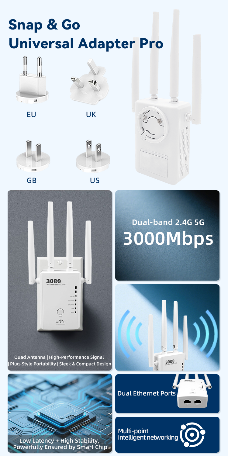 in609h wifi repeater signal amplifier 3000mbps gigabit wireless dual band anti interference